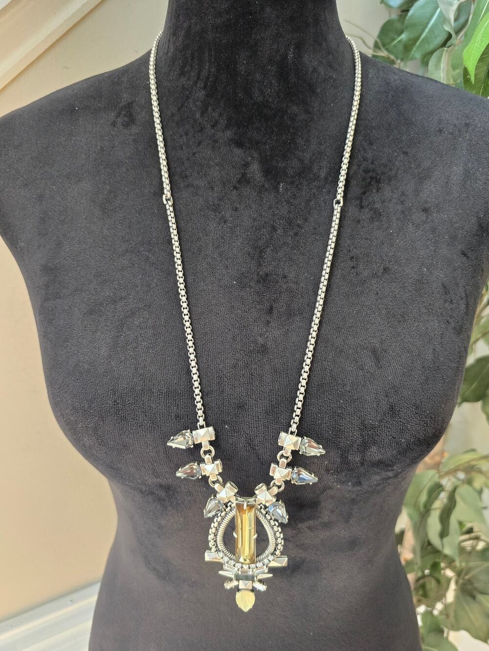 Long Silver and Gold Tone Rhinestone Statement Pendant Necklace